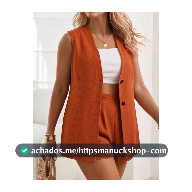 Ceyna Conjunto Casual Feminino Plus Size para Dia dos Professores, Cor Sólida, Tecido Texturizado, Sem Mangas, com Botões na Frente, Shorts com Cintura Franzida, Laranja Queimado, para Brunch