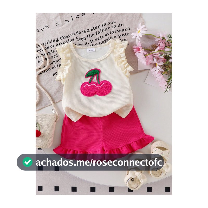 2 Peças Conjunto de Top Regata com Bordado de Cereja e Shorts com Babado e Cintura Elástica, Moda Verão Bebê Menina