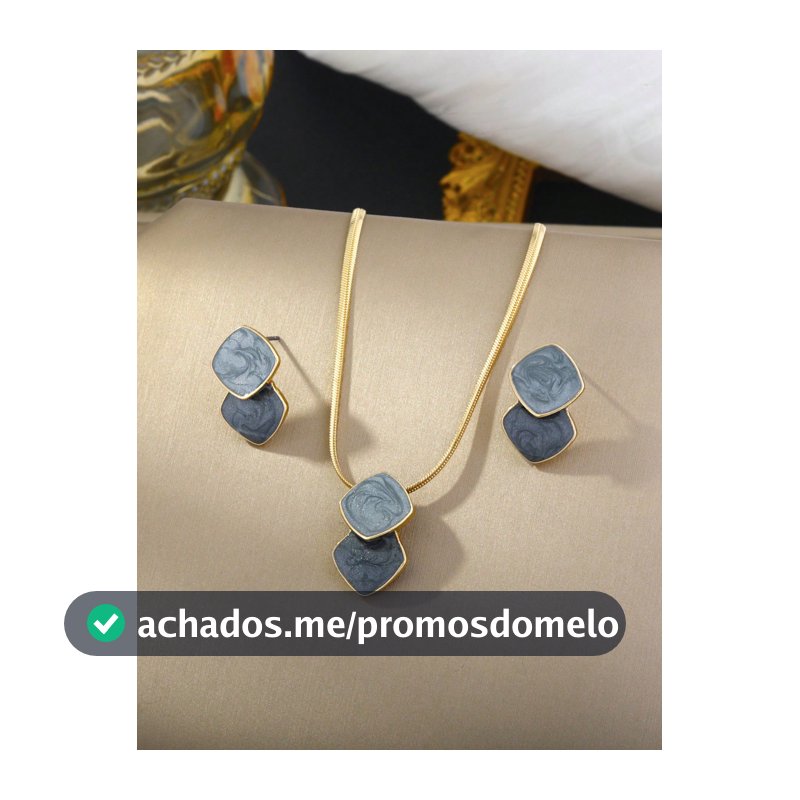 Conjunto de Colar e Brincos Quadrado Azul Degradê Estilo Europeu e Americano, Brincos Geométricos Adequados para Férias e Uso Diário