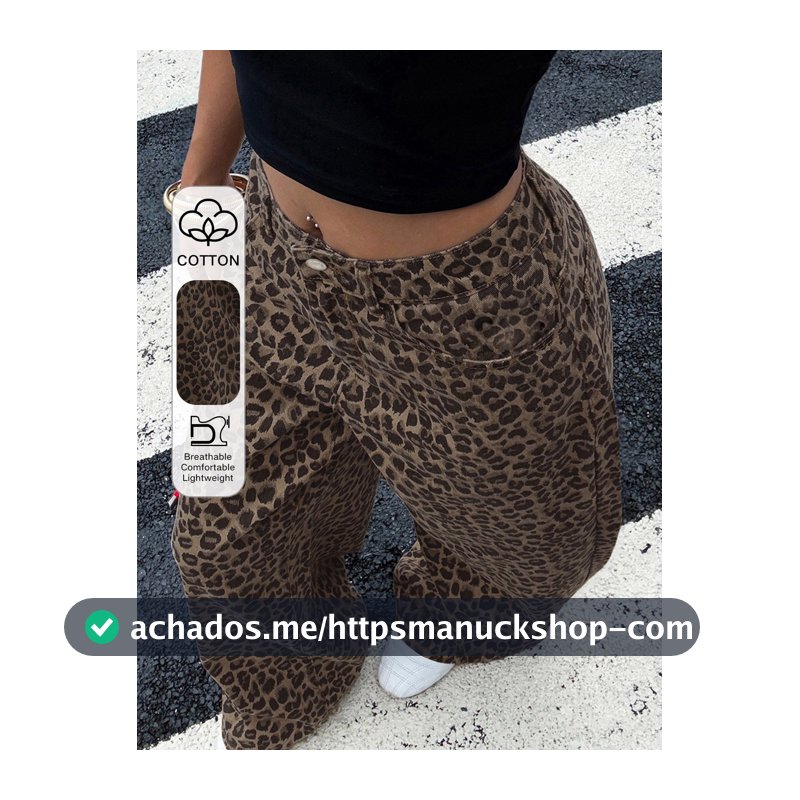DAZY Calça Denim Larga Casual Solta com Estampa de Leopardo Y2k para Mulheres