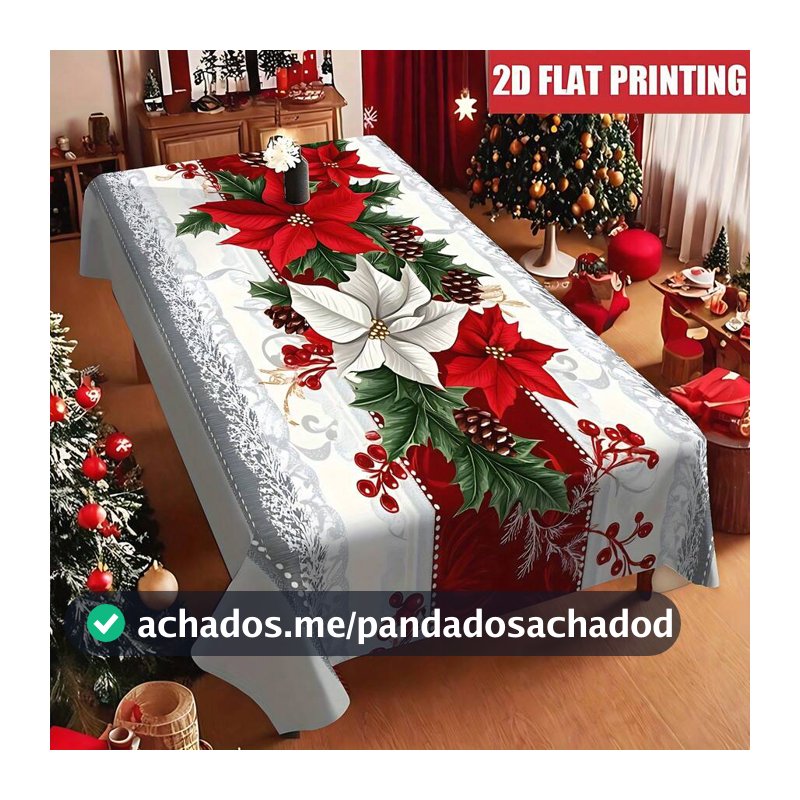 1 Peça Toalha de Mesa Vintage de Natal - Flores Vermelhas em Vasos