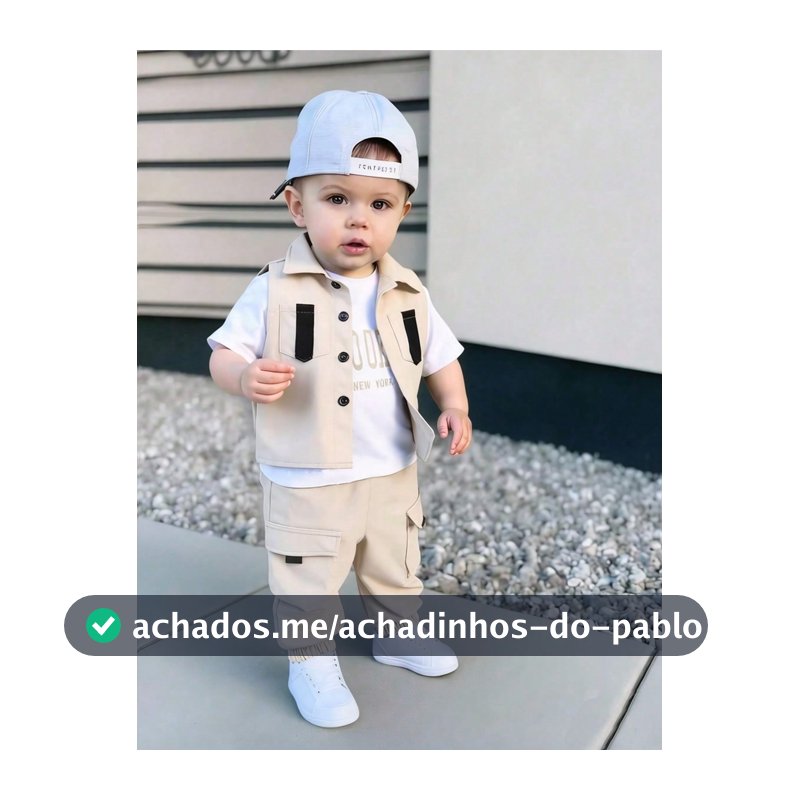 SHEIN Conjunto de Colete com Bolso Cargo para Menino Bebê com Camiseta de Manga Curta com Estampa de Letra e Calça Cargo Casual, Moda Versátil e Confortável, Adequado para Uso Interno e Externo no Verão