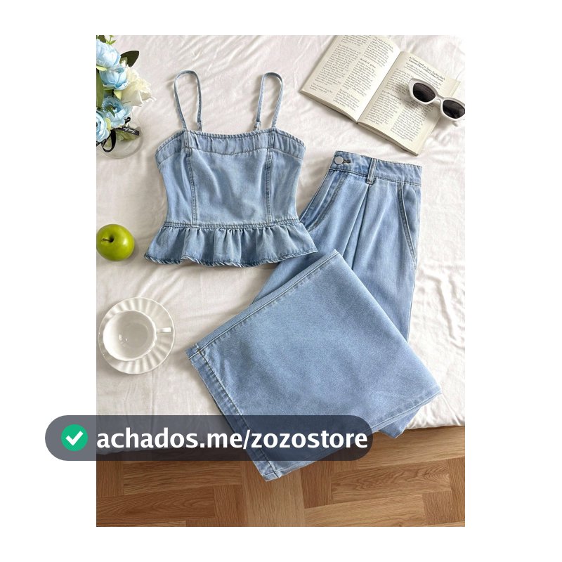Comfortcana Conjunto Casual Feminino de Alça de Denim e Calça Pantalona