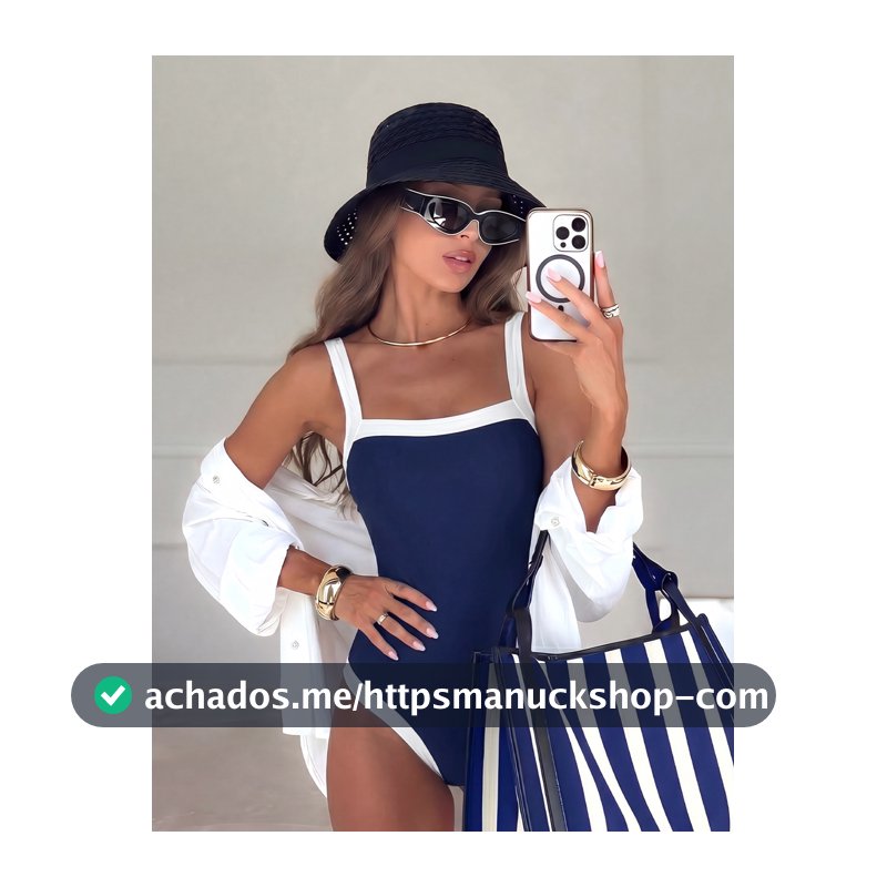Costavie Maiô Bikini Feminino Peça Única Elegante Slim Fit com Alça de Ombro Ajustável Grossa, Bloco de Cores Azul Marinho + Branco, Primavera/Verão 2026