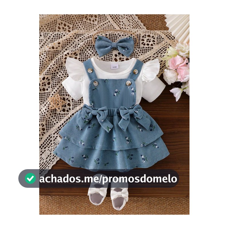 3 Peças Conjunto de Vestido de Aniversário para Menina com Top de Manga Curta Colorida e Saia Floral com Babados e Laço, Acompanhado de Tiara com Laço