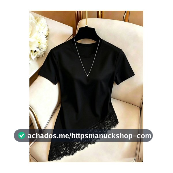 GlowEve Camiseta Feminina de Cor Sólida com Gola Redonda, Manga Curta e Barra de Renda, Estilo Fashion