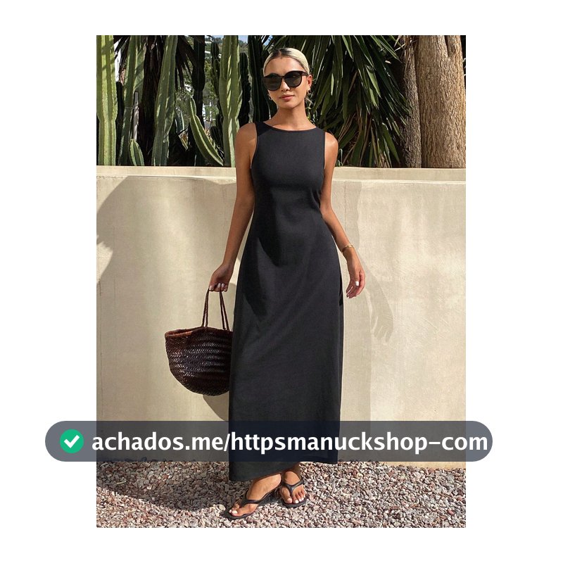 DAZY Vestido Feminino Decote em V Ajustado Bodycon com Gola Halter, Preto, Elegante, Minimalista Francês, para Férias de Verão