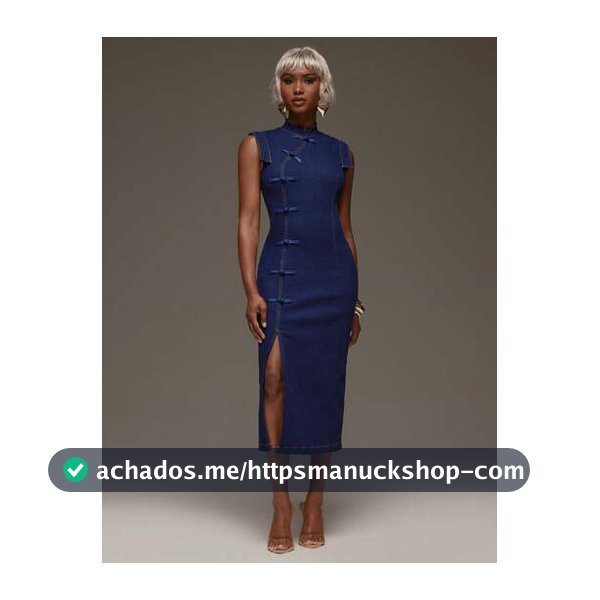 Normani Vestido Denim Slim Fit com Fenda e Botões de Sapo, Moda de Verão Feminina