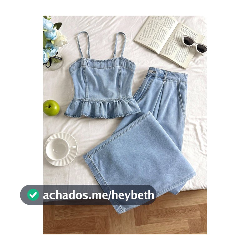 Comfortcana Conjunto Casual Feminino de Alça de Denim e Calça Pantalona