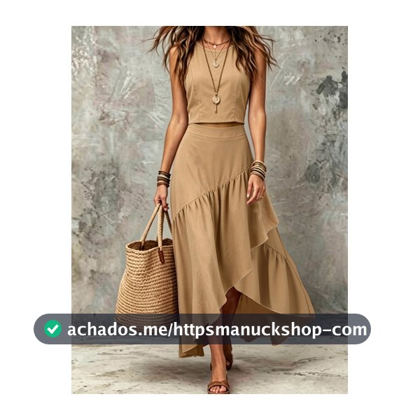 SHEIN Conjunto Feminino Romântico e Elegante de 2 Peças com Decote Redondo, Cintura Alta, Silhueta A, Babados, Decoração Plissada Assimétrica para Trabalho, Escritório Diário, Viagem, Casual, Férias e Festa
