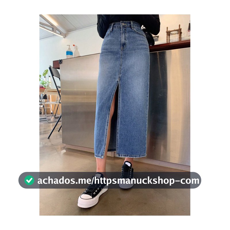 DAZY Saia Denim com Cintura Alta e Abertura Lateral