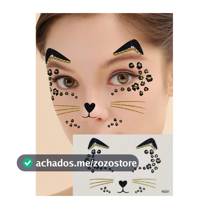 1 Peça Adesivo de Rosto DIY com Design de Gato Cintilante e Diamante, Visual de Show, Gemas de Rosto, Adesivo de Rosto com Strass