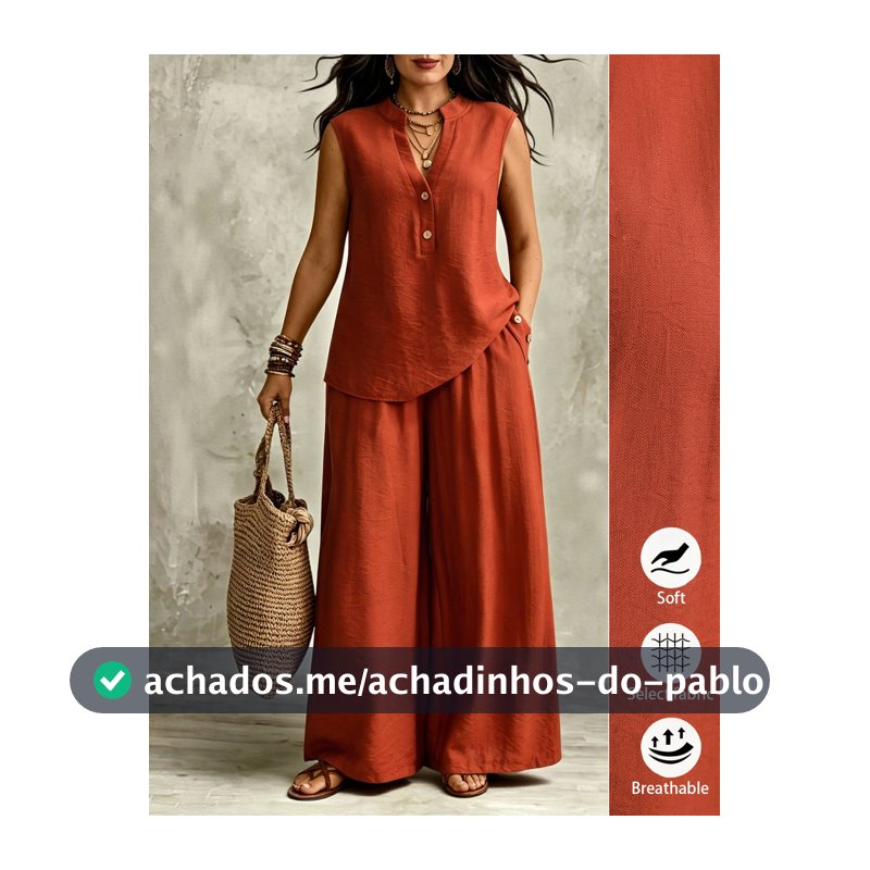 SHEIN LUNE CURVE Conjunto de Linho Marrom Sem Mangas com Perna Larga: Gola Alta, Decote em V Meio Aberto, Meio Abotoado, Plus Size, 2 Peças, Ação de Graças, Formal, Férias, Verão