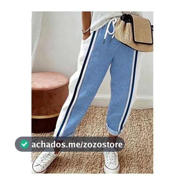 EMERY ROSE Calça Feminina com Cordão na Cintura, Patchwork de Cores Contrastantes, Listrada Azul e Branca, Casual para Férias no Outono