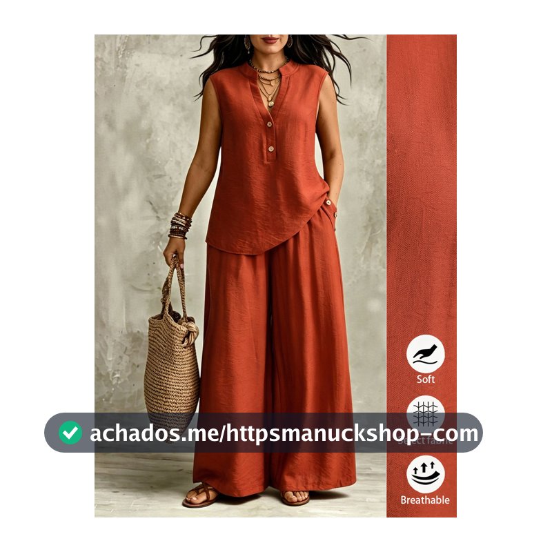 SHEIN LUNE CURVE Conjunto de Linho Marrom Sem Mangas com Perna Larga: Gola Alta, Decote em V Meio Aberto, Meio Abotoado, Plus Size, 2 Peças, Ação de Graças, Formal, Férias, Verão