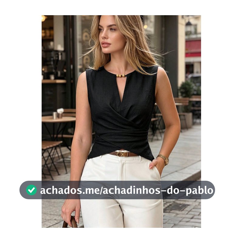 DONICY Top Feminina Preta com Decote em V, Decoração de Contas de Madeira, Sem Mangas, Casual e para Uso no Trabalho