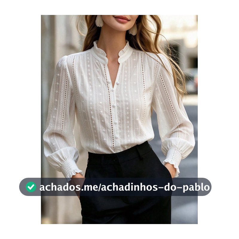Camisa Feminina Estilo Boêmio Cor Sólida Renda Semitransparente Branca Manga Longa Gola Alta Franzida com Botões, Adequada para Casa, Escritório, Férias, Feriados, Primavera, Outono, Inverno