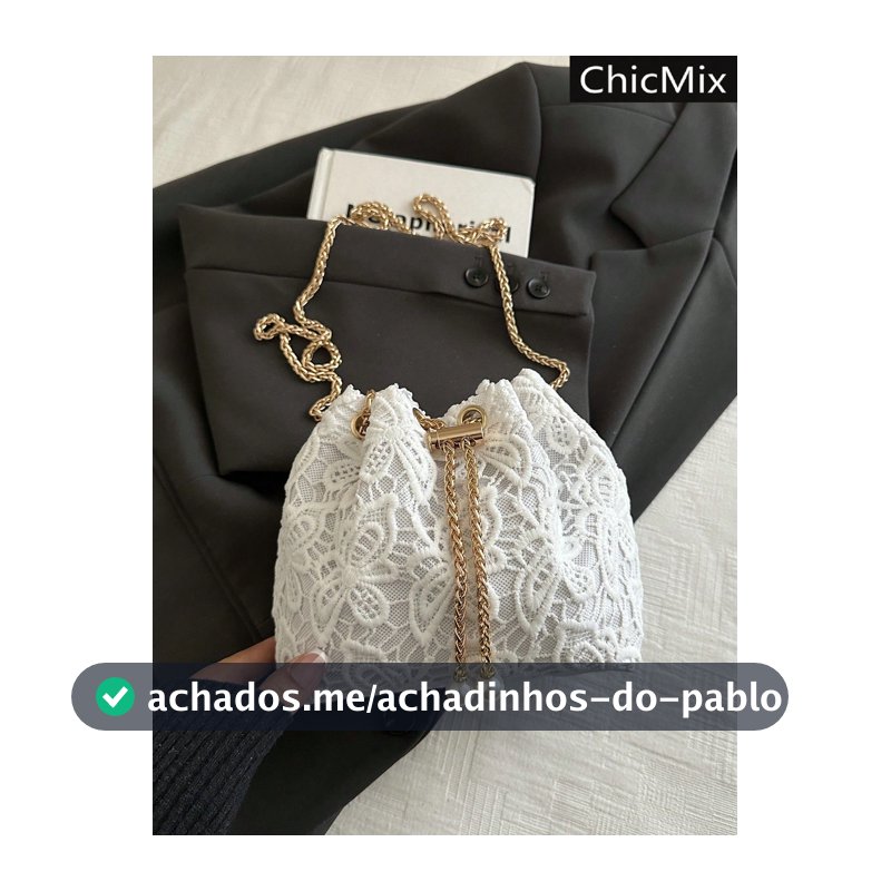Bolsa Transversal Mini Balde com Alça de Corrente em Renda de Cor Sólida Elegante