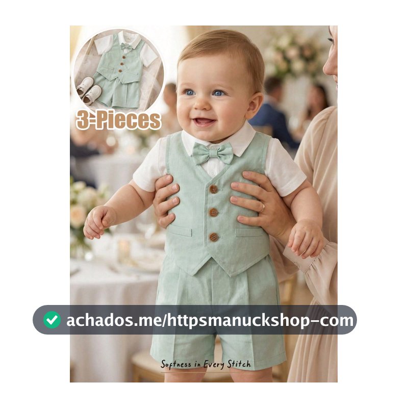 Cozy Pixies 3 Peças Conjunto de Terno de Cavalheiro para Bebê Menino/Menina: Camisa de Manga Curta Branca, Colete e Shorts Verde, Conjunto Elegante para Festa de Aniversário, Batizado, 1st Aniversário, Casamento, Pajem, Portador de Aliança