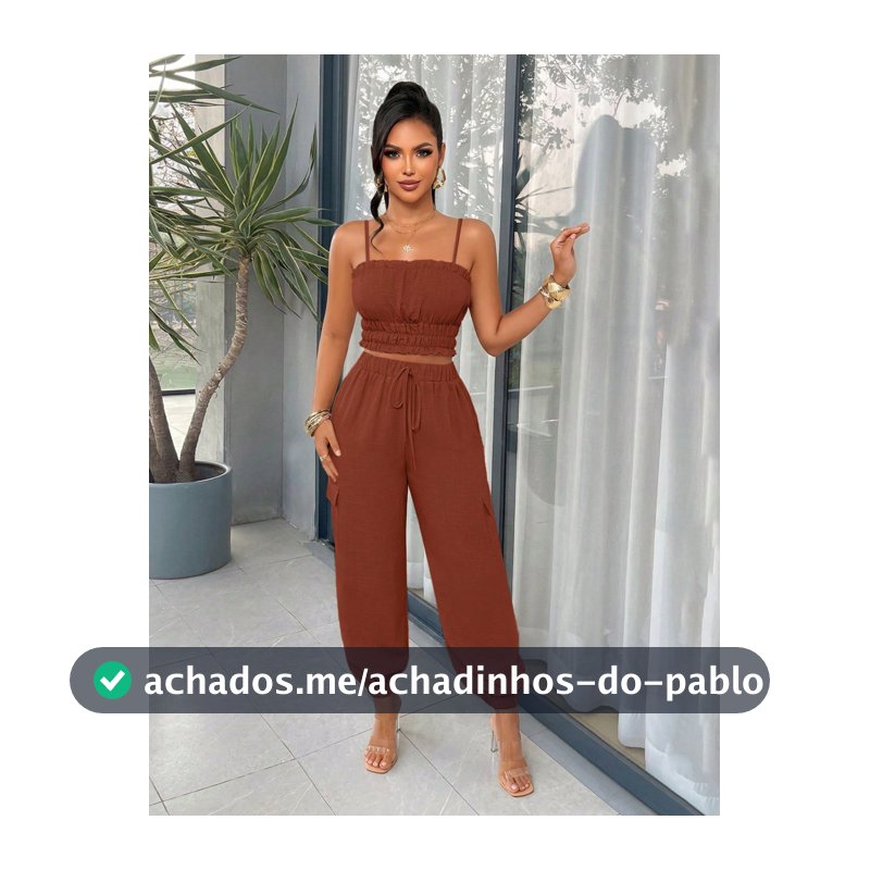 AIJ Conjunto Casual Elegante de 2 Peças para Mulheres, Top Cropped com Alças Finas e Calça Cargo com Cordão, Tecido Sem Elasticidade, Design com Babados nas Costas, Elegante e na Moda, Leve e Respirável