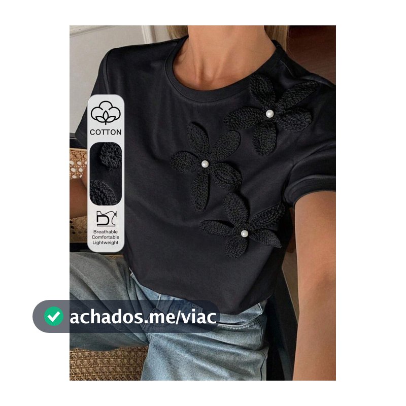 DAZY Camiseta Cropped Feminina de Verão com Gola Redonda, Decoração de Flor 3D, Casual Urbana, Pullover