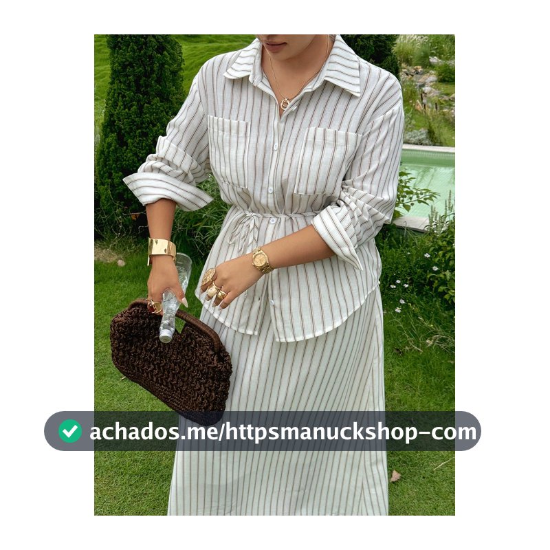 Dazy Plus Conjunto de 2 Peças Camisa Longa Solta Casual e Saia para Mulheres Plus Size, Listrado na Moda, Primavera/Verão/Início do Outono
