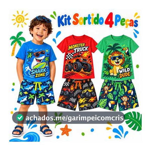 Kit 4 Peças de Roupa Infantil Menino Conjunto Masculino Juvenil Kit 2 Camisetas + 2 Shorts leve e confortável ideal