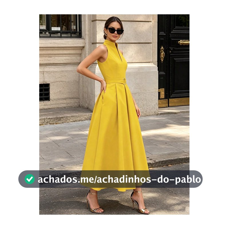 Vestido Longo de Cor Sólida com Gola Alta Romântico, Elegante.Volta às Aulas,Negócios Amarelo Verão
