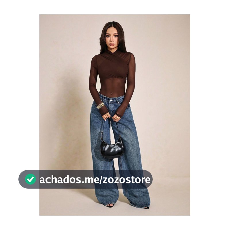 SHEIN PETITE Bodysuit Feminino de Cor Sólida com Envoltório de Tela, Top Transparente de Manga Longa, Top Transparente Marrom Escuro, Verão, Noite de Balada, Mulheres Pequenas
