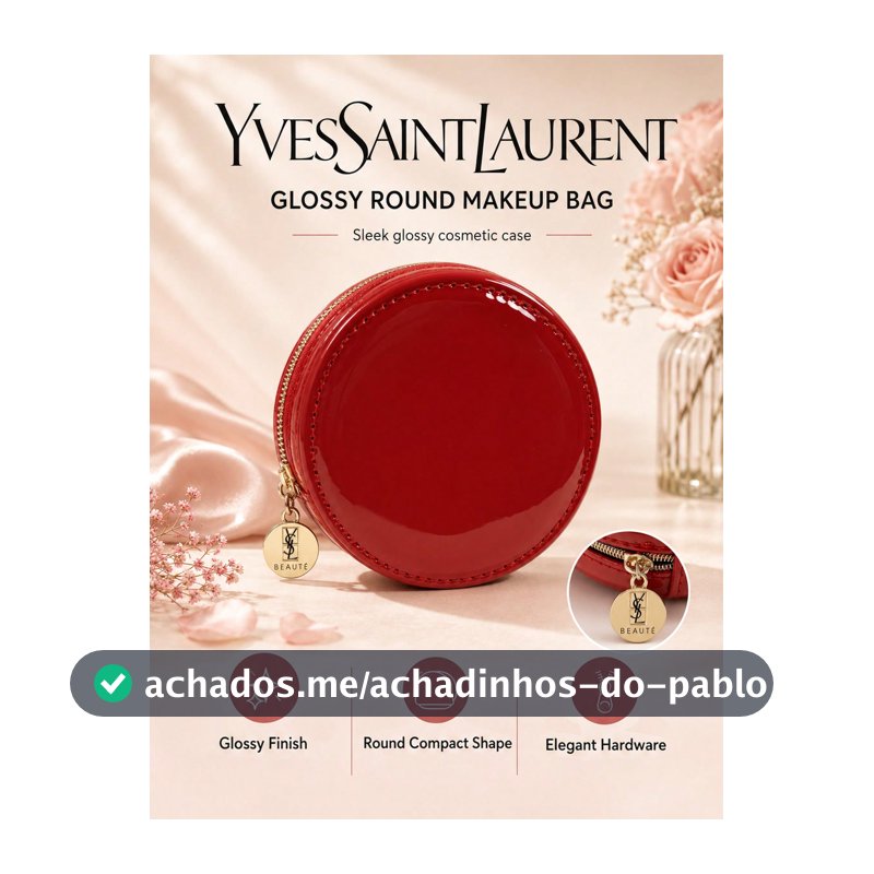 YSL Bolsa de Maquiagem Redonda Brilhante Vermelha Saint Laurent, 99cm, Material de Couro Sintético, Compacta e Leve, Adequada para Armazenar Pequenos Itens de Beleza, Uso Diário e Presente