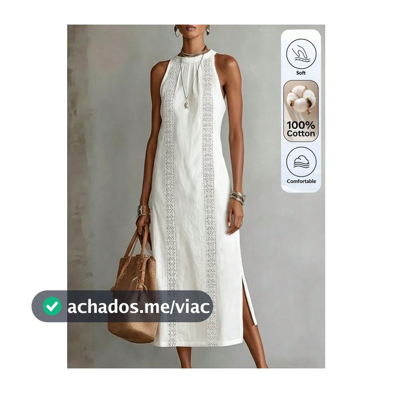 Omancia Vestido Longo Casual Boho Elegante para Mulheres, Branco Off com Detalhe em Renda, para Férias de Verão e Praia