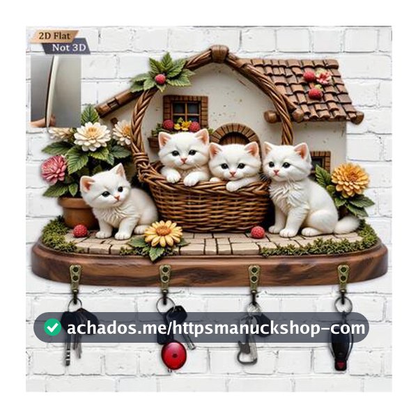 1 Peça Suporte de Chaves em Forma de Cesta Trançada Branca Plana 2D de Gato - Organizador de Chaves Decorativo