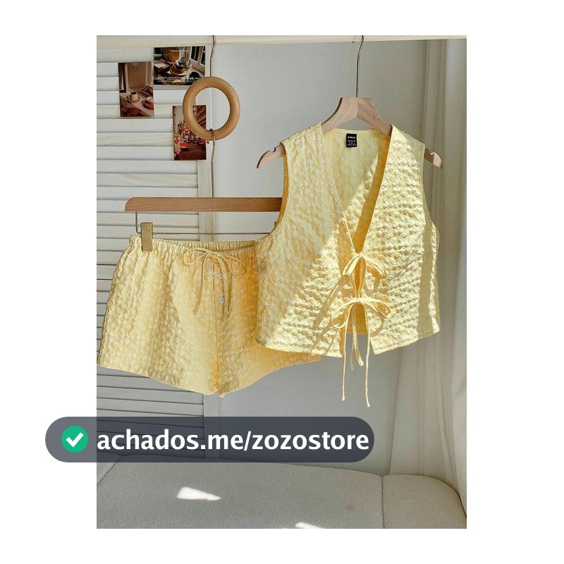 Comfortcana Terno Casual Feminino com Regata Amarela Trançada e Shorts