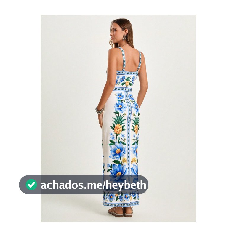CAJUNI x Carol Peixinho Vestido Midi Romântico Casual de Férias Tropical com Estampa Floral de Abacaxi para Mulheres, Adequado para Encontros, Praia, Elegante, Floral Branco de Verão