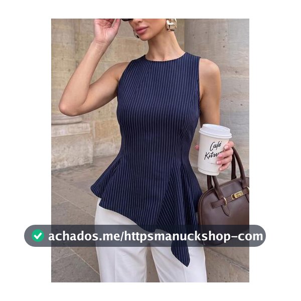 Modelyn Regata Feminina Primavera/Verão Azul Marinho e Branco Tecido Sem Mangas Cintura Marcada Linha A Bainha