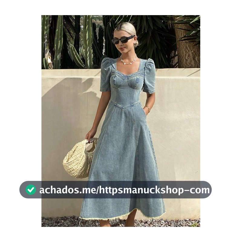 DAZY Vestido Denim Feminino Azul Claro com Decote Quadrado, Manga Bufante e Franjas, Estilo Retrô Francês Ocidental Lavado, Vestido de Verão para Férias e Piquenique, Outono