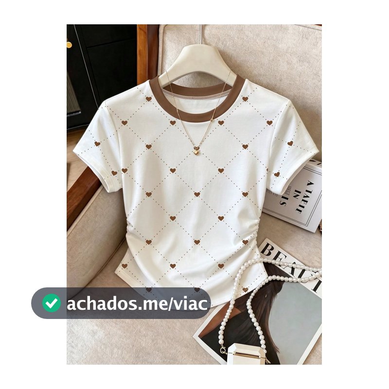 Franclia Camiseta Feminina, Top de Passeio de Verão, Bloco de Cor Marrom e Branco, Padrão Minimalista de Coração com Impressão Total, Design Gráfico, Ajuste Slim, Elegante Único, Casual Versátil, Uso Diário, Tecido Confortável