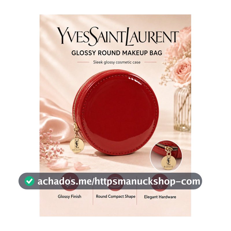 YSL Bolsa de Maquiagem Redonda Brilhante Vermelha Saint Laurent, 99cm, Material de Couro Sintético, Compacta e Leve, Adequada para Armazenar Pequenos Itens de Beleza, Uso Diário e Presente