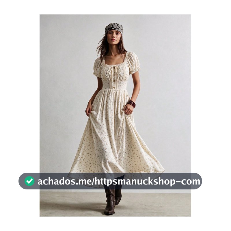 Rusttydustty Vestido Longo Feminino Estilo Boêmio Suave para Férias, Decote Quadrado, Manga Pétala, Cintura Franzida, Estampa Floral Damasco Francês, Elegante, para Outono, Halloween e Verão
