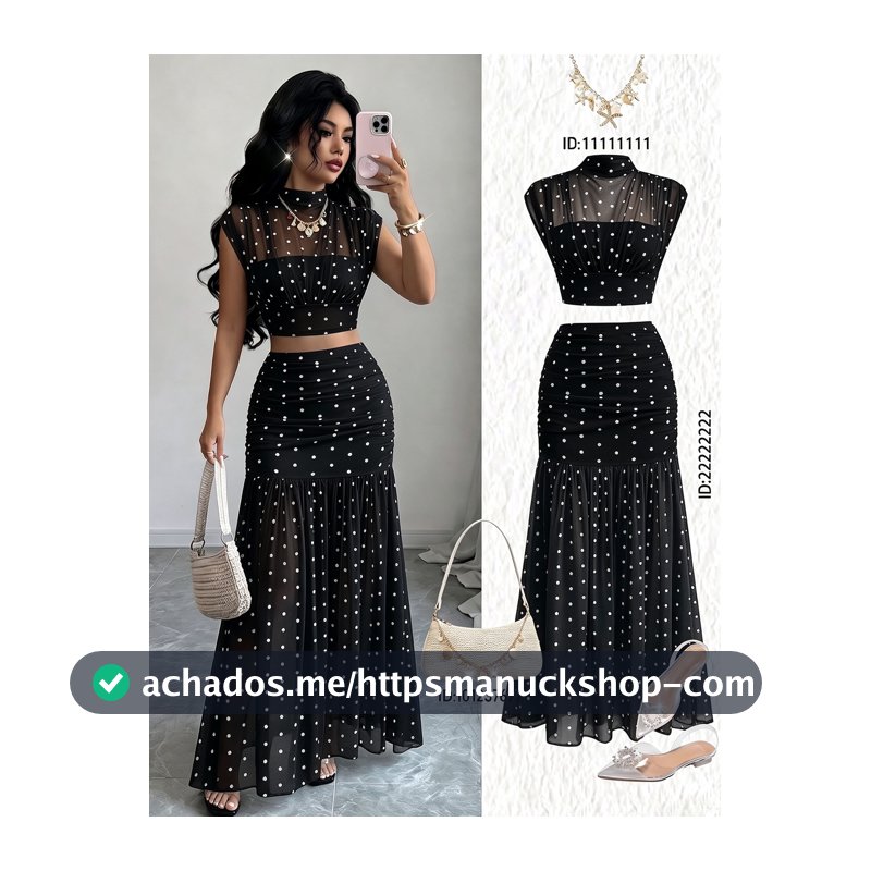 Selianne Conjunto de Duas Peças com Gola Alta, Estampa de Bolinhas Pretas e Brancas, Top Cropped com Recortes em Tule e Saia Envolvida no Quadril, Elegante e Sexy para Noite, Encontro e Verão
