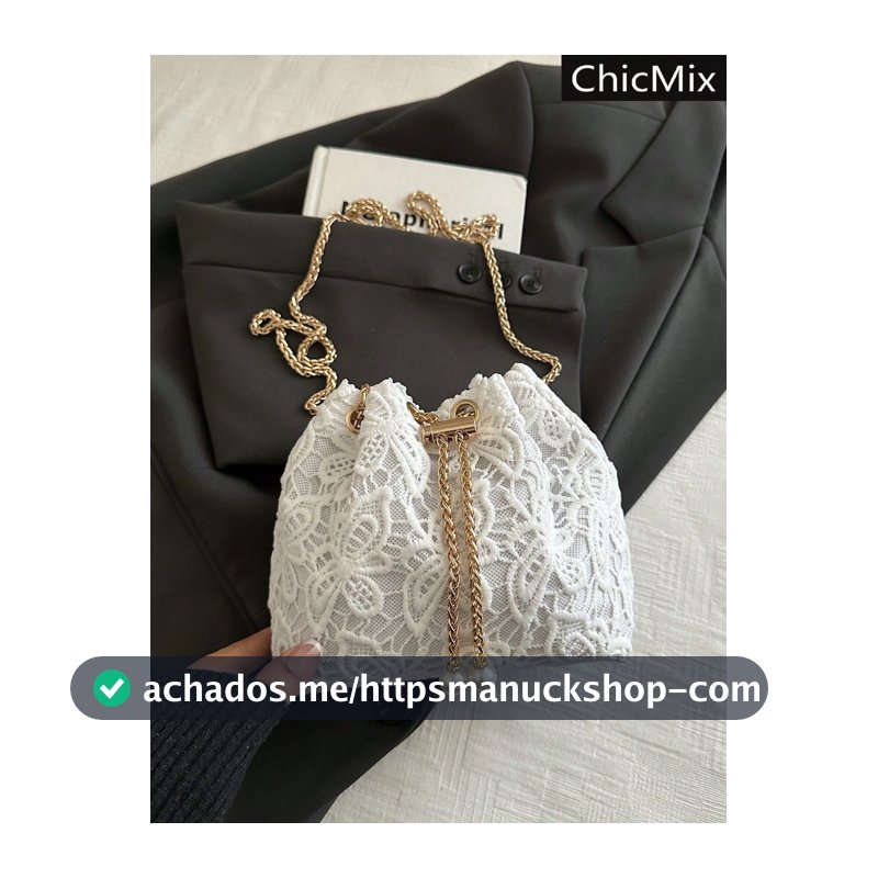 Bolsa Transversal Mini Balde com Alça de Corrente em Renda de Cor Sólida Elegante
