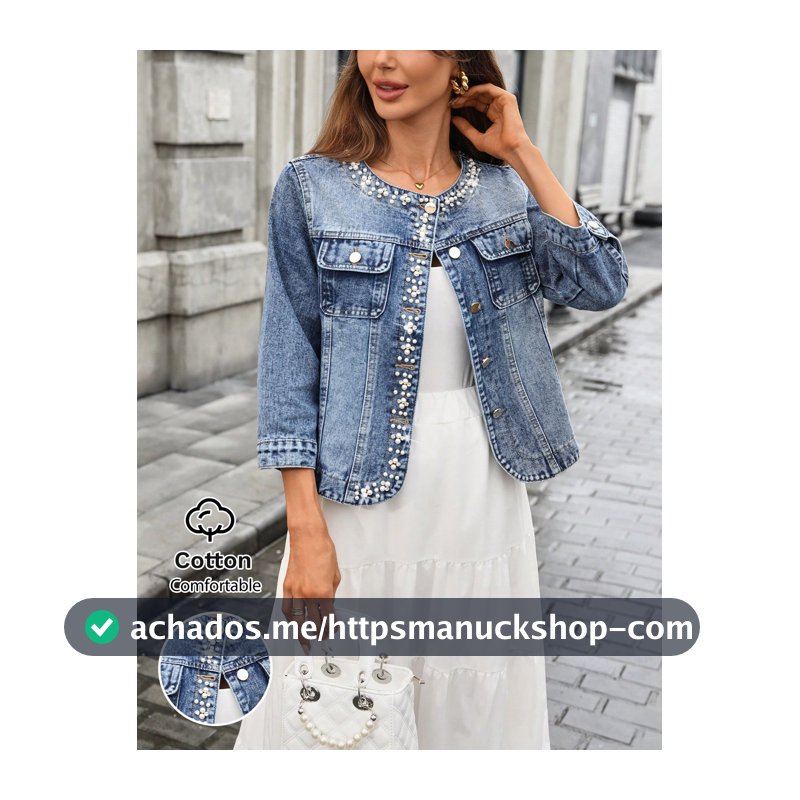 Jaqueta Denim Casual com Decote Redondo e Aplicação de Strass para Mulheres, Primavera