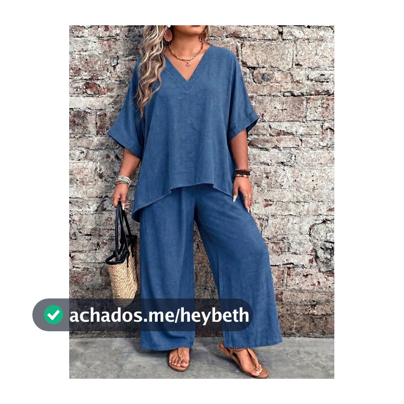EMERY ROSE Conjunto de 2 Peças Plus Size Feminino com Estampa Posicionada, Decote em V, Manga Curta, Bainha em Cauda de Andorinha e Calça Longa de Perna Reta, Adequado para Férias de Verão
