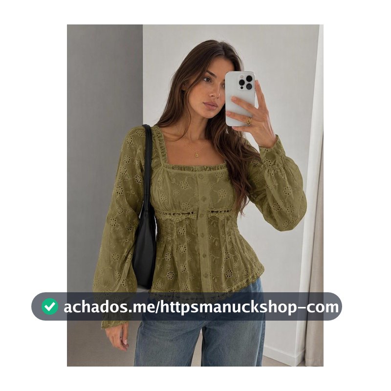 Easowa Camisa Feminina A-Line com Decote Quadrado, Manga Bufante com Babado, Recorte em Renda, Cintura Marcada, Tecido Jacquard, Estilo Cottagecore, Verde Oliva, para Brunch de Outono