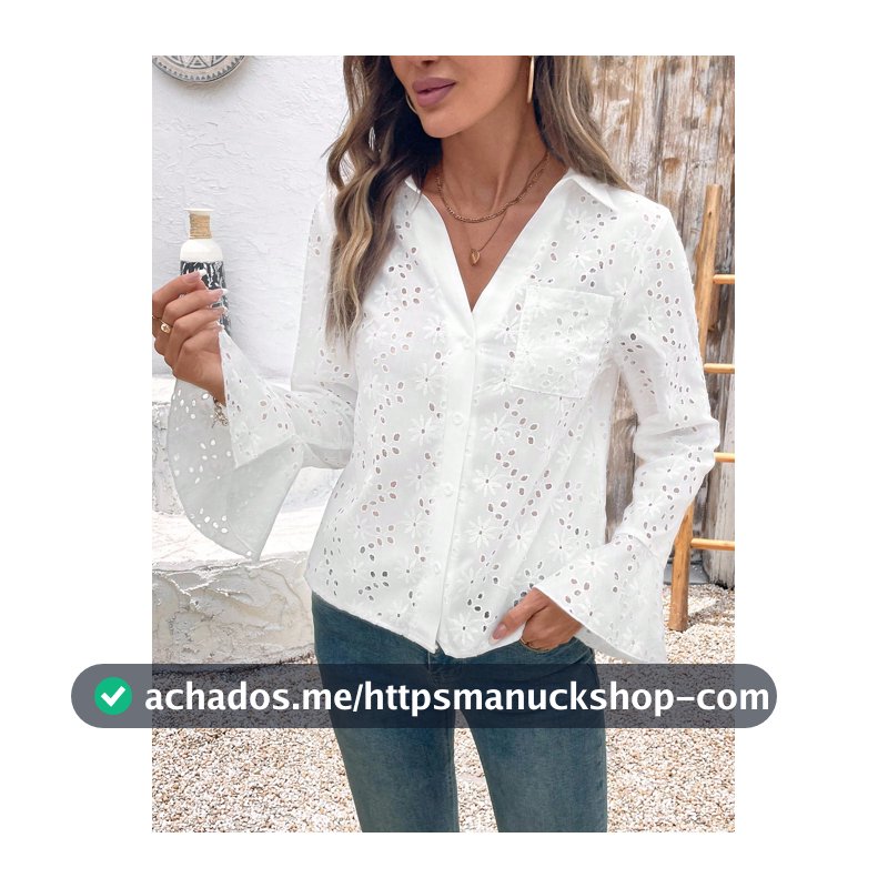 SHEIN LUNE Blusa Casual de Manga Longa Bordada Vazada Branca para Mulheres